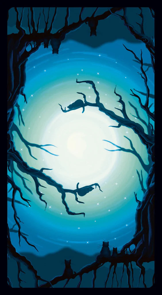Silhouette of a person swimming underwater with a bright light in the center, framed by dark tree branches.