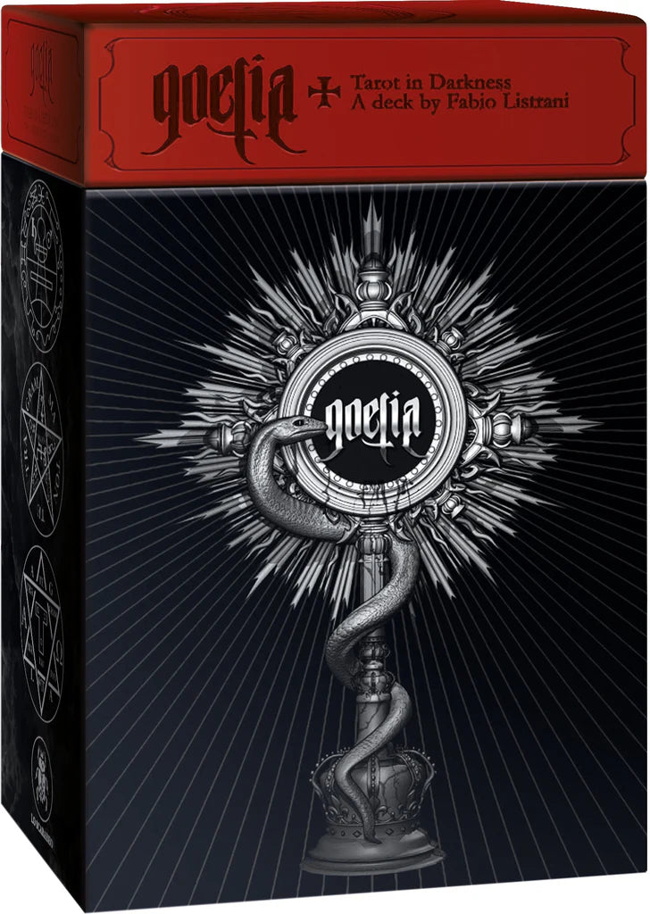 Gaelia Tarot in Darkness packaging with snake and wheel design on a black and red background