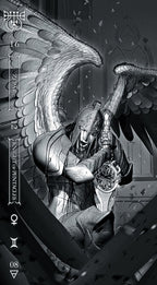 Black and white illustration of a winged figure holding a sword, with intricate details and text on the sides.