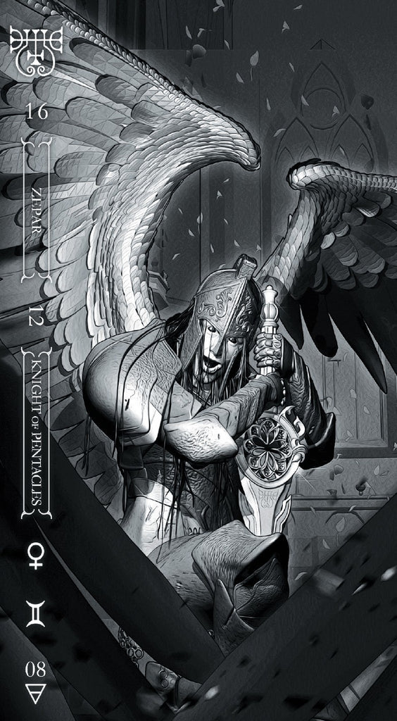 Black and white illustration of a winged figure holding a sword, with intricate details and text on the sides.