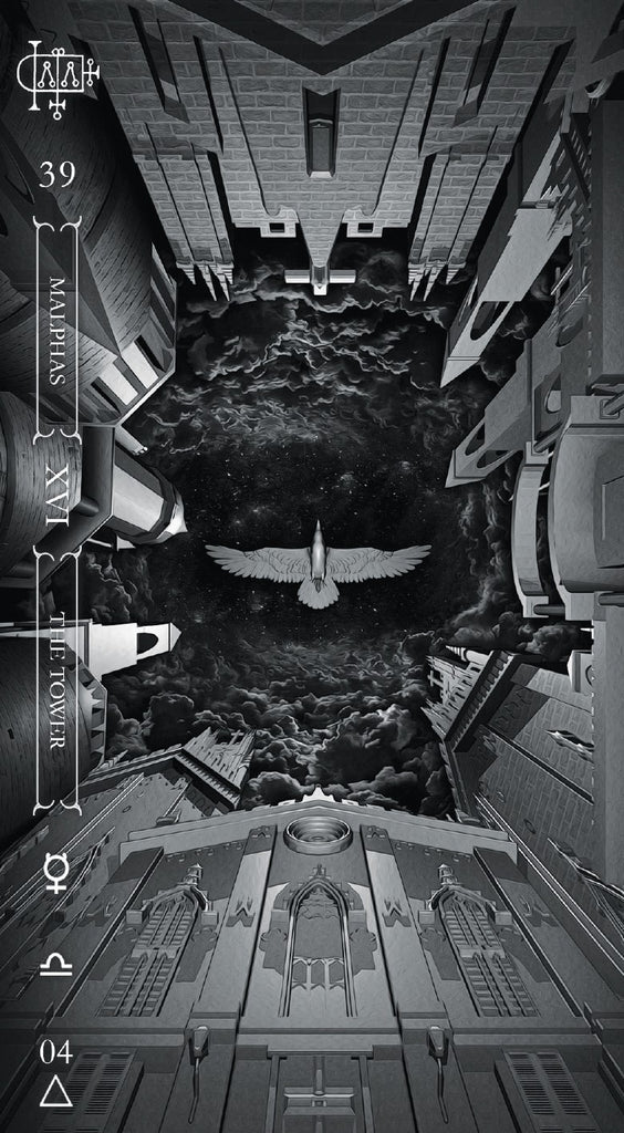 Artistic depiction of a church from below, with a bird flying over a dark sky.