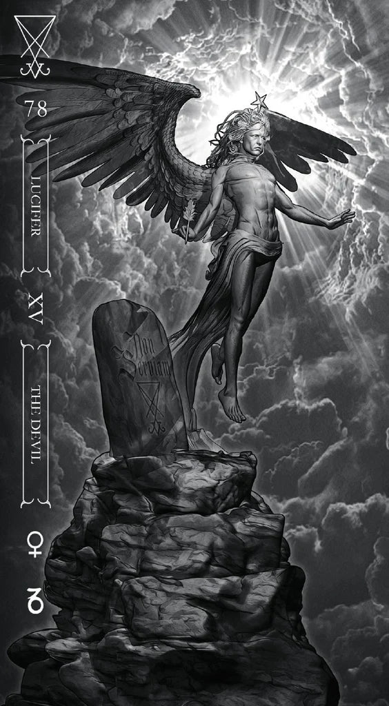 Black and white illustration of an angelic figure on a rocky outcrop with a cloudy background.