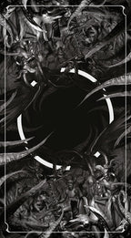 Black and white illustration of dark within a circle,  with smaller figures around it, framed by tentacles.