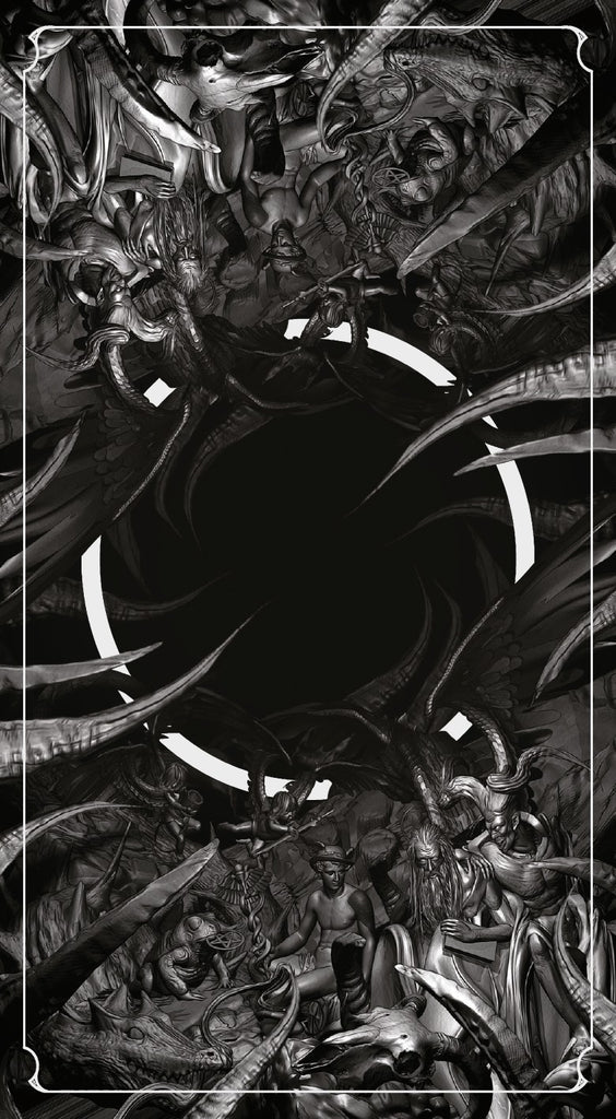 Black and white illustration of dark within a circle,  with smaller figures around it, framed by tentacles.