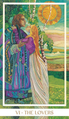 Tarot card titled 'The Lovers' with two people embracing in a colorful, nature-themed setting.