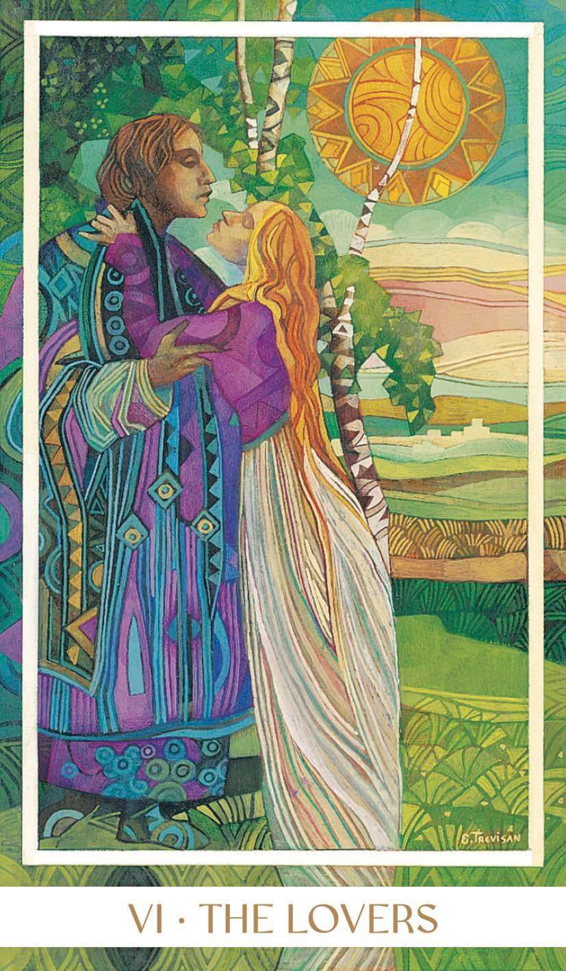 Tarot card titled 'The Lovers' with two people embracing in a colorful, nature-themed setting.