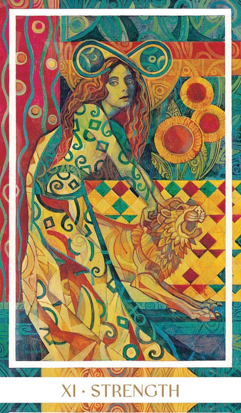 Colorful tarot card titled 'Strength' featuring a woman with a lion.