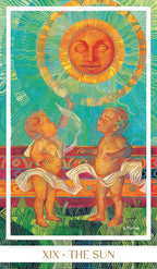 Colorful tarot card featuring two cherubs and a sun with a face, labeled 'XIX - The Sun'.