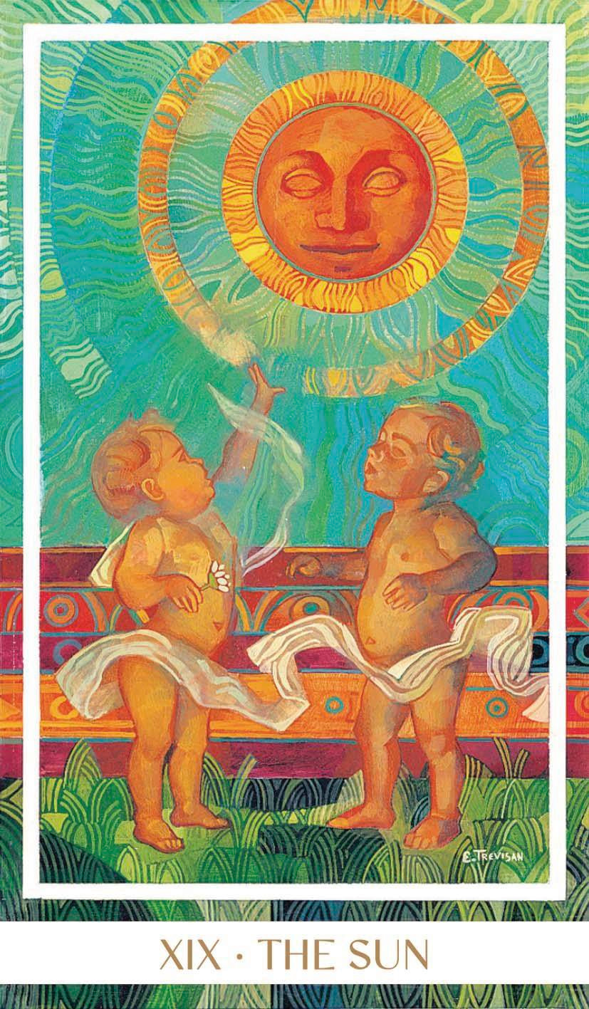 Colorful tarot card featuring two cherubs and a sun with a face, labeled 'XIX - The Sun'.
