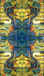 Colorful abstract design with a central figure, resembling stained glass art.