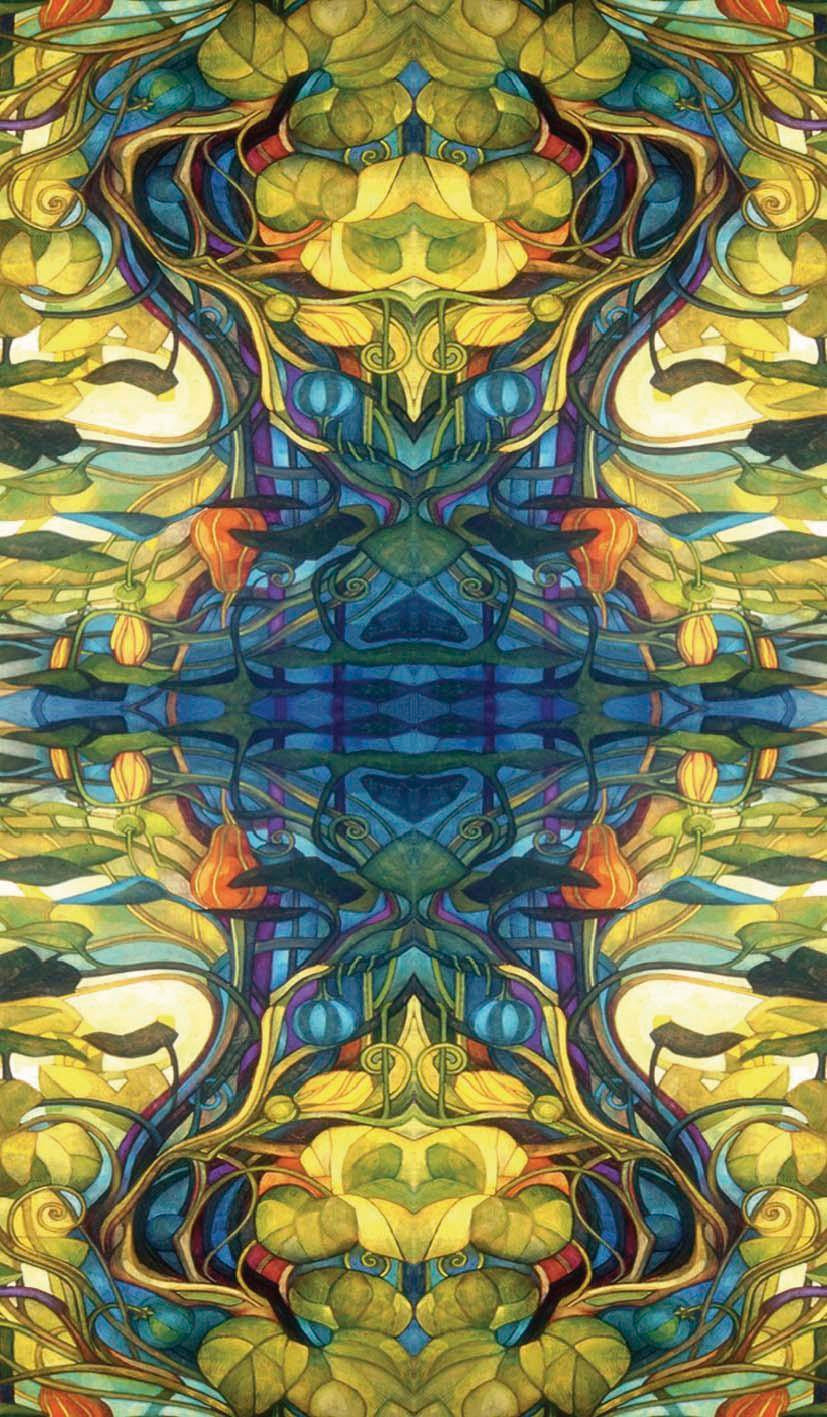 Colorful abstract design with a central figure, resembling stained glass art.