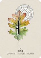 Card with an oak leaf and a symbol, on a beige background