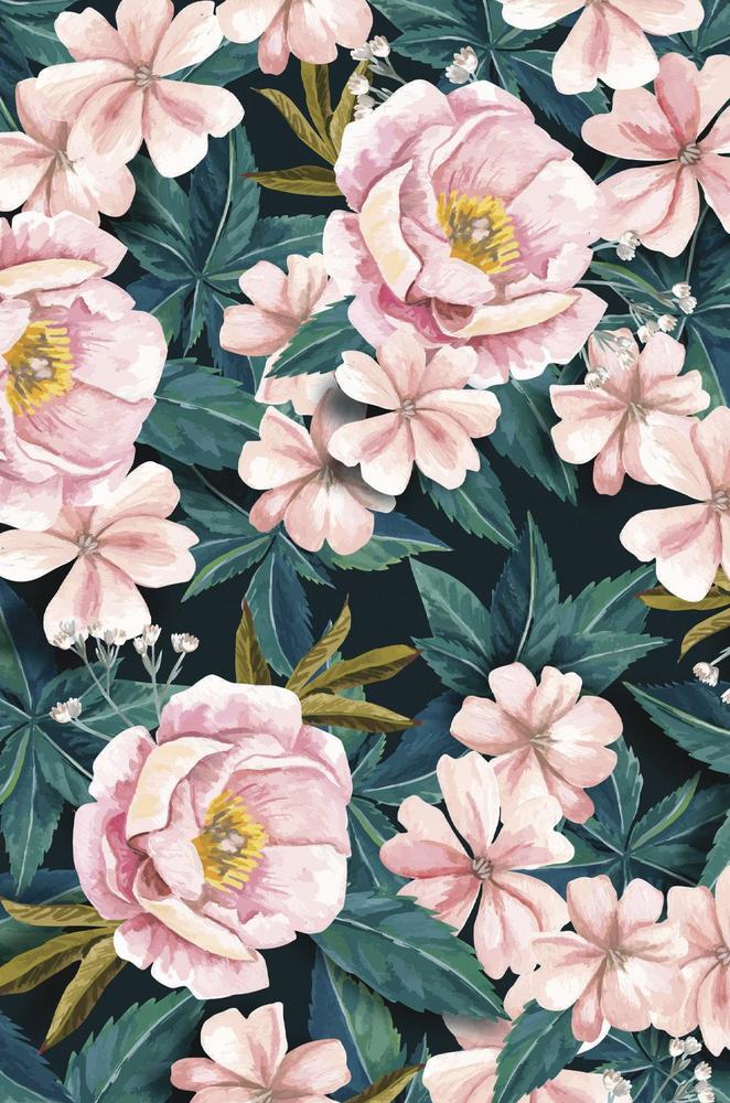 Pattern of pink flowers with green leaves on a dark background