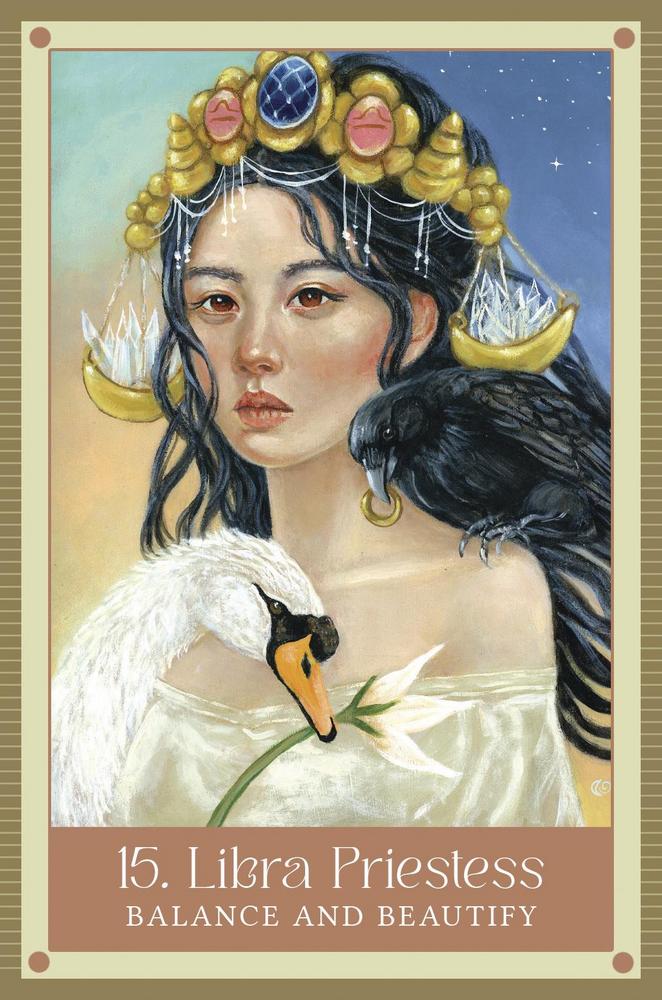 Illustration of a woman with a swan and Libra symbols, labeled 'Libra Priestess'.