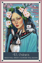 Artistic illustration of a woman with rabbits and flowers, with text '43. Gstara Seeds Will Sprout, Flowers Will Bloom' on a decorative border.