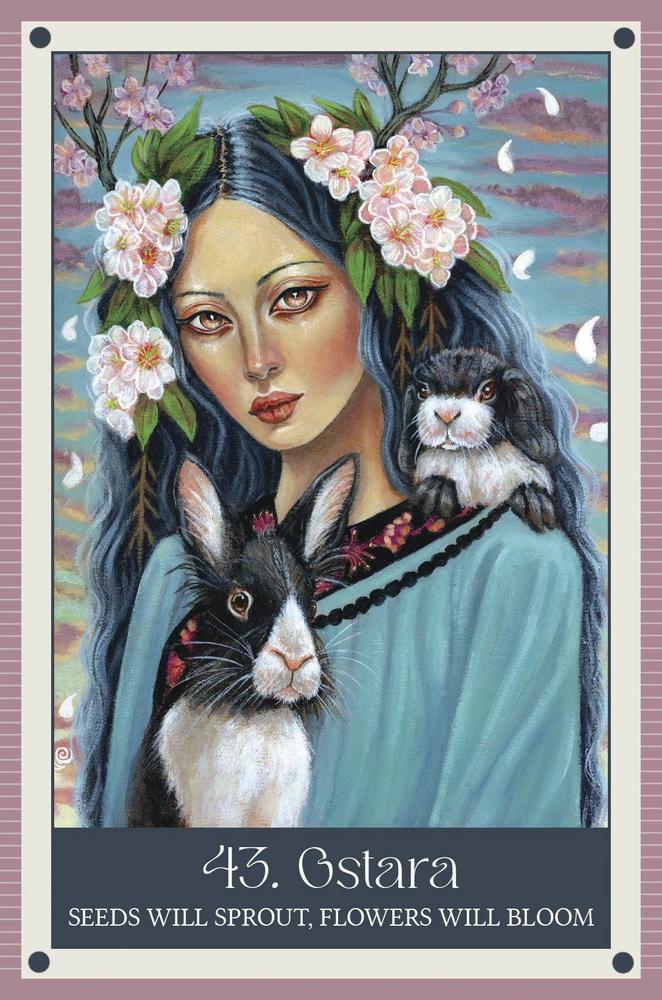 Artistic illustration of a woman with rabbits and flowers, with text '43. Gstara Seeds Will Sprout, Flowers Will Bloom' on a decorative border.