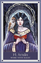 Illustration of a woman with an owl on her shoulder, holding a book, with the text '14. Aradia Work Your Magic' at the bottom.