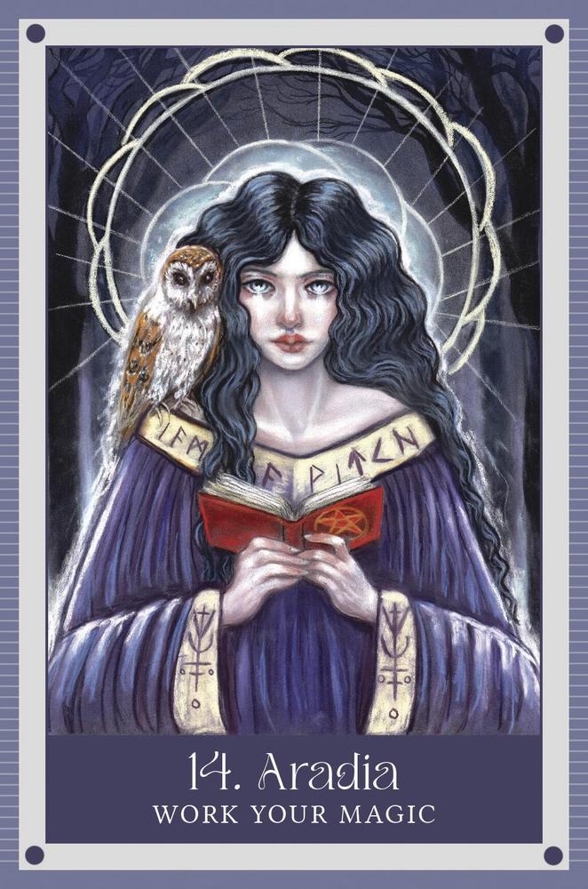 Illustration of a woman with an owl on her shoulder, holding a book, with the text '14. Aradia Work Your Magic' at the bottom.