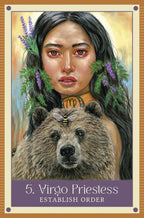 Illustration of a woman with bear and lavender, labeled '5. Virgo Priestess'.