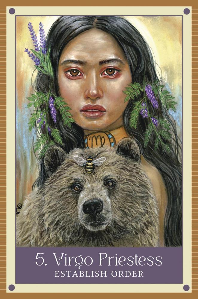 Illustration of a woman with bear and lavender, labeled '5. Virgo Priestess'.