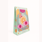 A standing triangular box of SOW THE MAGIC salt soap, Citrus Echinacea Strength, featuring a pastel mint green cover decorated with pink echinacea flowers, an orange slice, and a butterfly.