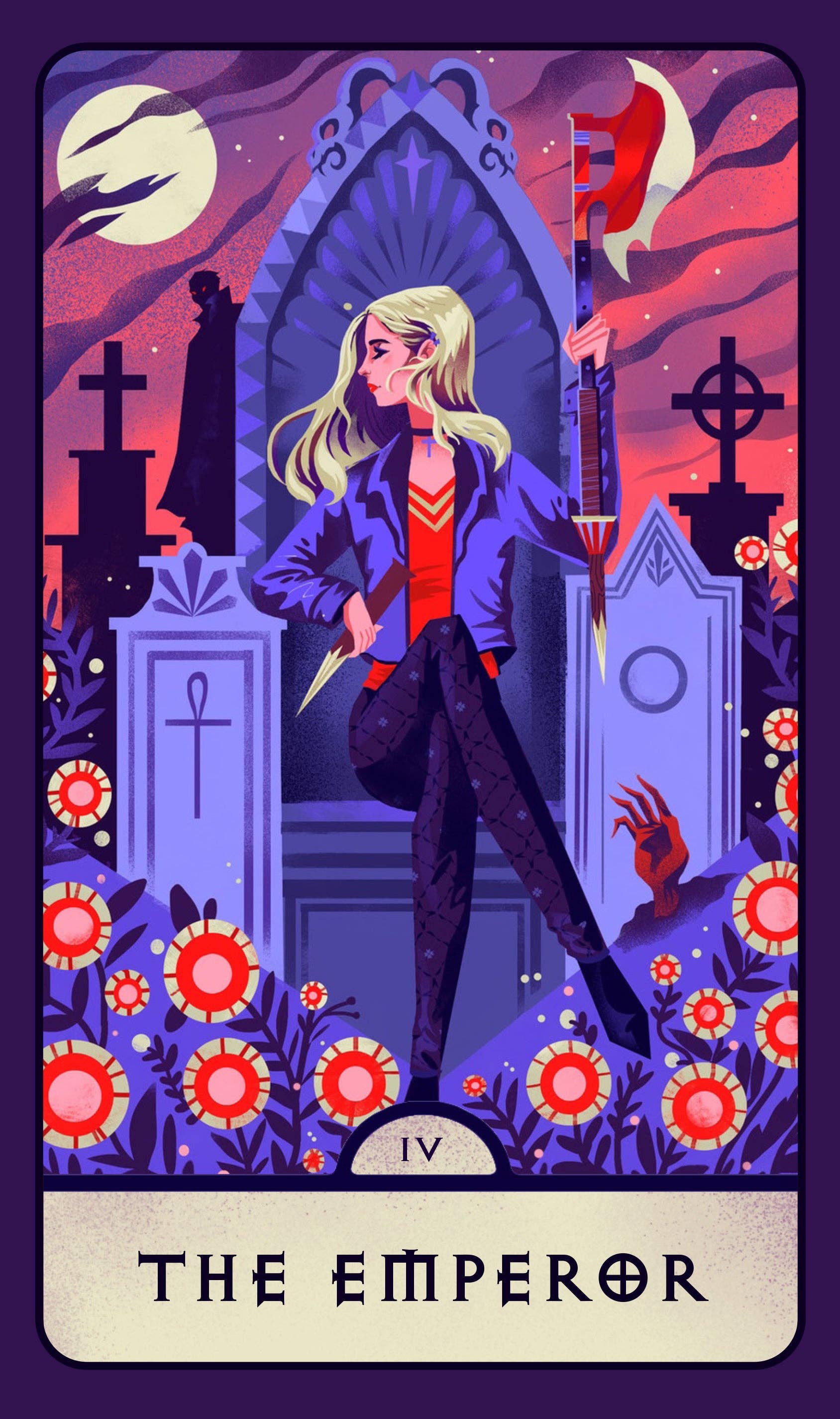 Tarot card titled 'The Emperor' with a stylized illustration of a person holding a sword in a graveyard setting.