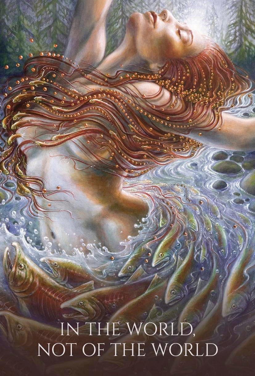 Artistic depiction of a woman with flowing hair and fish, with text 'In the World, Not of the World'.