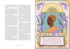 Illustration of a woman with a turban surrounded by flowers on a book page.