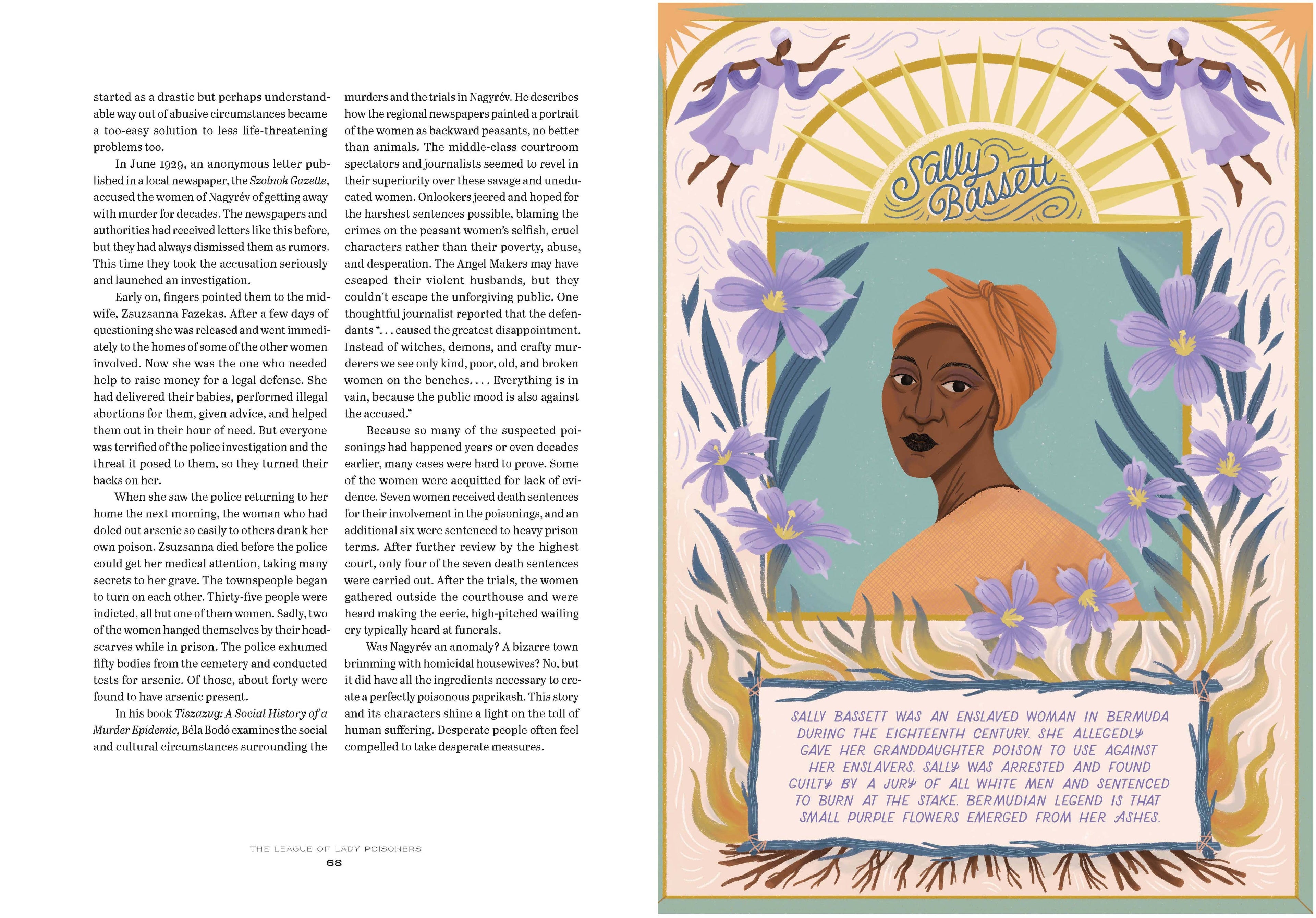 Illustration of a woman with a turban surrounded by flowers on a book page.