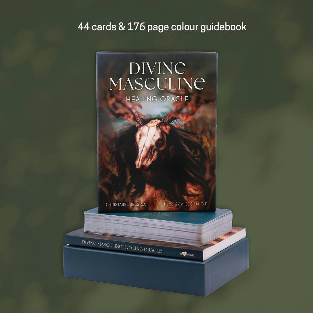 Divine Masculine Healing Oracle book and cards on a green background