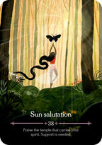 Illustration of a person in a forest with a snake and butterfly, labeled 'Sun salutation'.