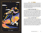 Tarot card titled 'The Fool' with colorful illustration and text on a black background