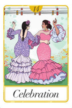 Card from a tarot deck titled 'Celebration' featuring two women in colorful dresses.