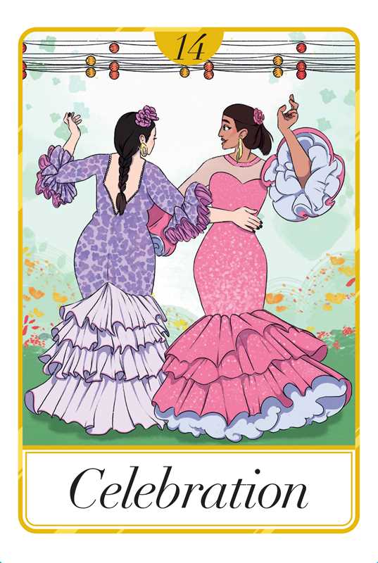 Card from a tarot deck titled 'Celebration' featuring two women in colorful dresses.