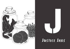 Illustrations of glass jars with plants and yarn, alongside a 'J' logo for Justice Jars on a black background.