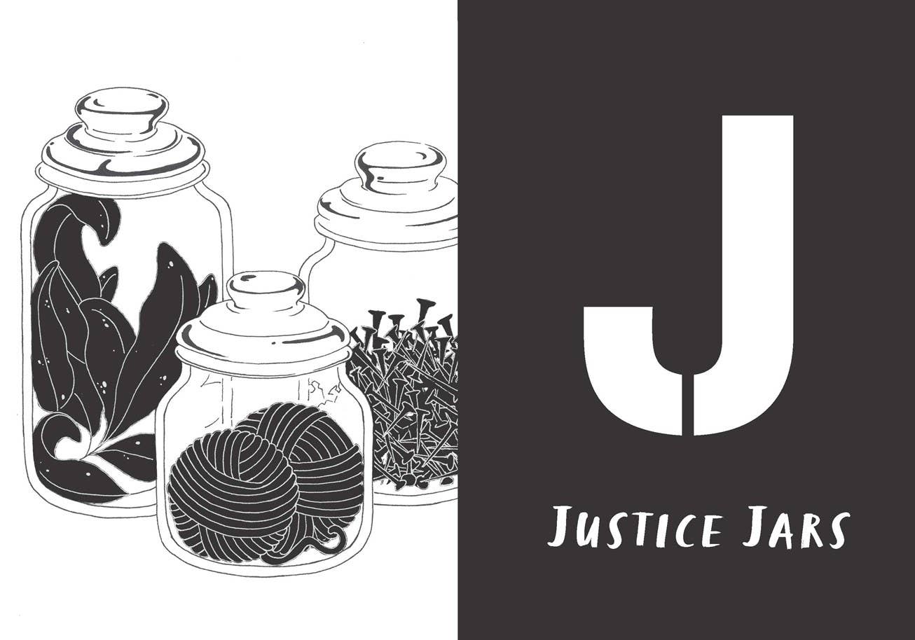 Illustrations of glass jars with plants and yarn, alongside a 'J' logo for Justice Jars on a black background.