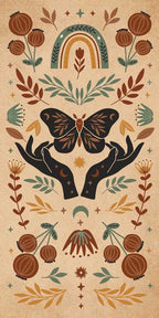 Decorative design with hands holding a butterfly, flowers, and a rainbow on a beige background.