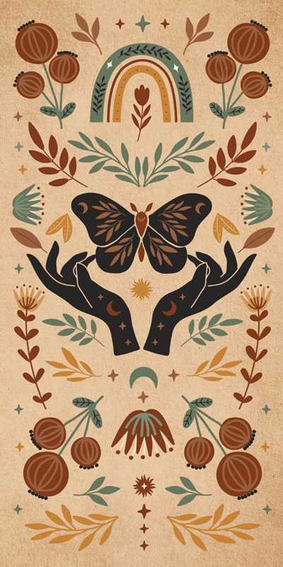Decorative design with hands holding a butterfly, flowers, and a rainbow on a beige background.