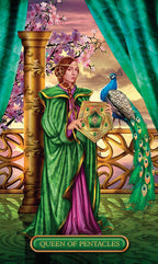 Tarot card featuring a woman in a green robe holding a peacock and an emerald, with cherry blossoms and a gold column in the background.