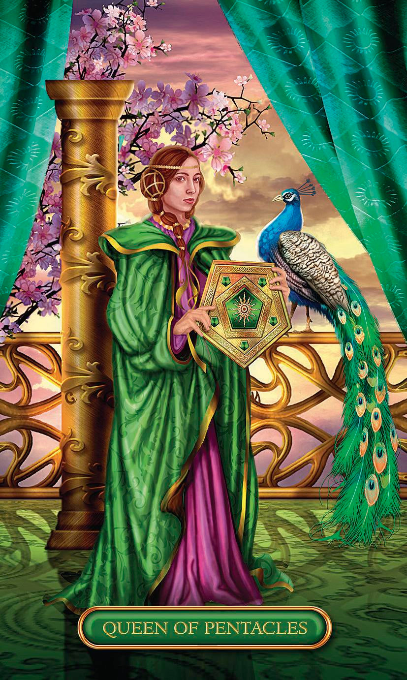 Tarot card featuring a woman in a green robe holding a peacock and an emerald, with cherry blossoms and a gold column in the background.
