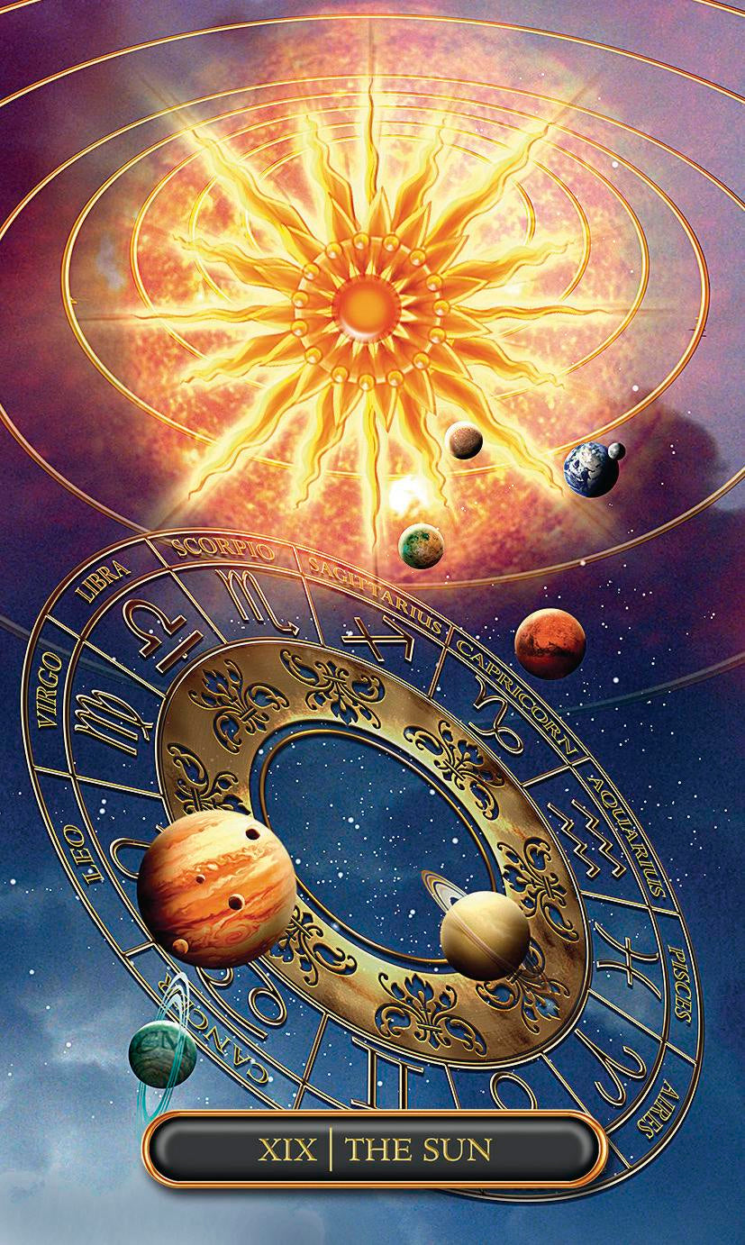 Astrological chart with zodiac signs and celestial bodies against a starry sky.