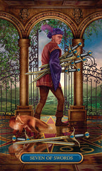 Seven of Swords tarot card with a person holding swords and a fox on a decorative floor.
