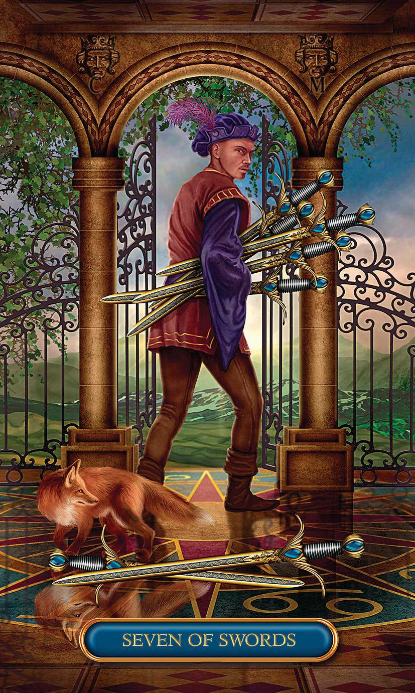 Seven of Swords tarot card with a person holding swords and a fox on a decorative floor.