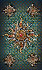 Decorative sun design with red center and gold, silver, and bronze accents on a blue patterned background.