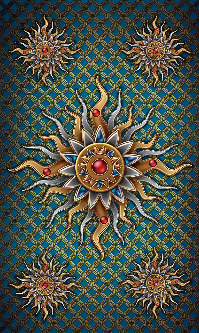 Decorative sun design with red center and gold, silver, and bronze accents on a blue patterned background.
