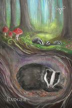 Illustration of a badger in a forest with mushrooms and a glowing tree.