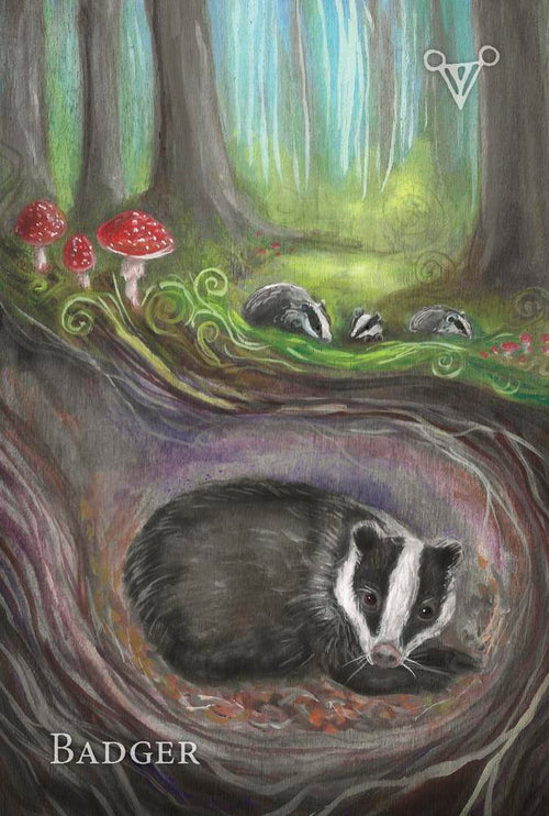 Illustration of a badger in a forest with mushrooms and a glowing tree.