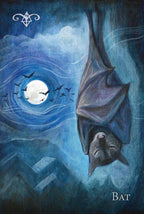 Artistic depiction of a bat hanging from a cave entrance with a moonlit sky and additional bats in the background.