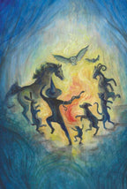 Artistic depiction of animals and figures in a mystical setting with a glowing light source.