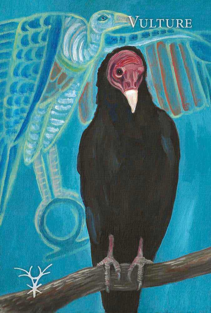 Painting of a vulture on a branch with a blue background